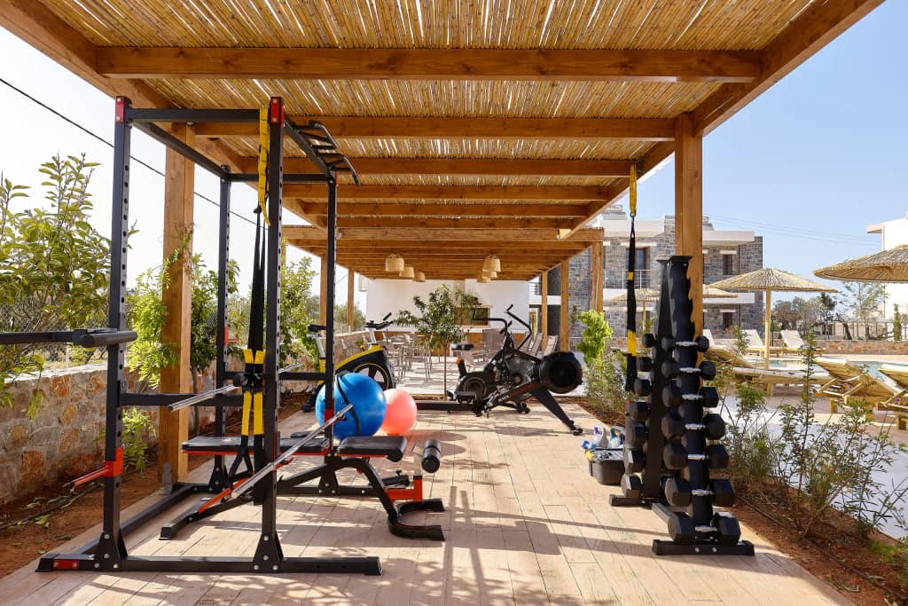 Functional training rig and dumbbell rack in the pergola-shaded gym beside stone-built suites